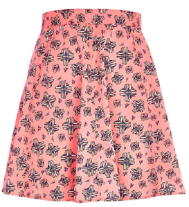 Bright pink graphic print skirt £20.00  From River Island Welcome spring into your wardrobe with this bright pink quirky graphic print mini skirt. Featuring zip back fastening and soft pleats. 
