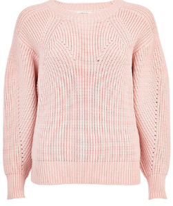 Light pink geometric rib jumper £50.00  From River Island Pink remains the colour to be seen in for the new season and this geometric rib jumper is a versatile way to channel the hue. Featuring a subtle panelled pattern and loose fit. 