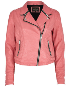 Pink zipped collar biker jacket £55.00  From River Island Blush hues are making a huge statement this season and with a fresh sporty edge - this biker jacket should be your outerwear of choice. Features silver tone zipped collar detail and two pockets. 