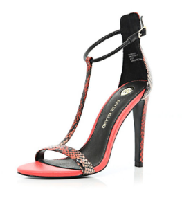 Red snake T bar barely there sandals £45.00  From River Island Put a spring in your step with these red snake T bar barely there sandals. Featuring a high back with buckle-fastened ankle strap and 11cm stiletto heel. 